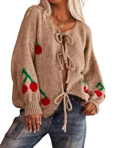 FindThy Women’s Tie Front Cardigan Sweater Cute Long Sleeve Crew Neck Bow Knot Knit Outwear