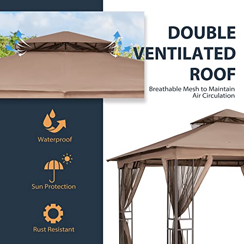 Happatio 10' X 12' Outdoor Patio Gazebo, Outdoor Canopy Gazebo For Garden,Yard,Patio With Ventilation Double Roof With Mosquito Netting,Light Brown #TOP1