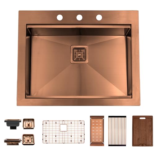 Strictly Sinks 25 Topmount Kitchen Sink Workstation - Copper 16 Gauge Stainless Steel Drop In Kitchen Sink with Colander Dish Drying Rack Cutting Board Grid 1 Disposal Adapter & 1 Strainer Drain