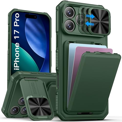 Image of SSLOTSCASE for iPhone 17 Pro Case with Card Holder & Camera Cover Stand, Green