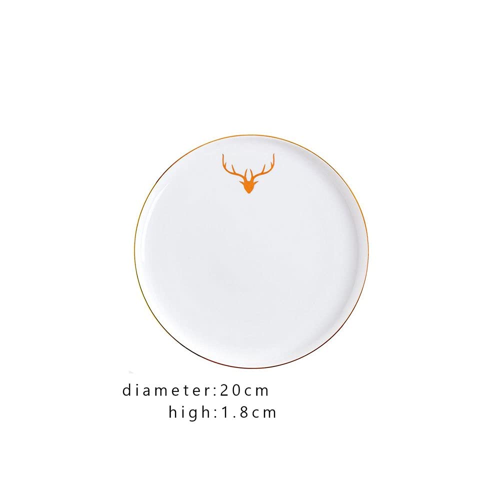 DNCG Platos de cerámica Platos llanos de porcelana con borde dorado for el hogar y el restaurante, plato redondo blanco de cerámica apilable, con platos con diseño de alce