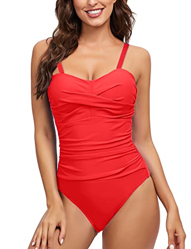 heekpek Traje de Baño Una Pieza para Mujer Bañadores Mujer Reductores Cuello en V Pliegues Bañador Bikini Retro, Rojo, L