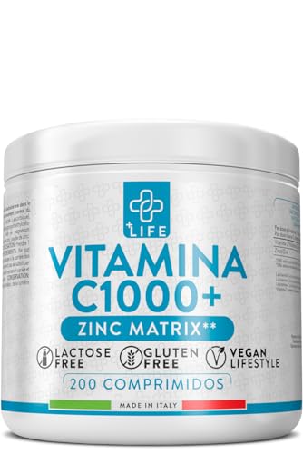 Vitamina C 1000 Mg Zinc 200 Comprimidos PiùLife, Acido Ascorbico Puro, Vitamina C Y Zinc 10mg, Vitaminas Para El Cansancio, Defensas Inmunitarias Adultos, Suplementos Vitaminicos Antioxidante, Vit C