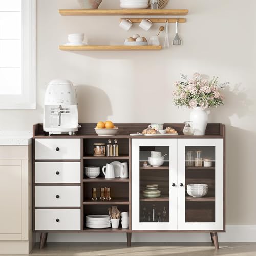 GAOMON Sideboard Buffet Cabinet with Storage - 55' Wood Kitchen Cabinet with Adjustable Shelves, Drawers & Glass Doors, Large Home Buffet Sideboard Storage Cabinets Coffee Bar Station, Walnut