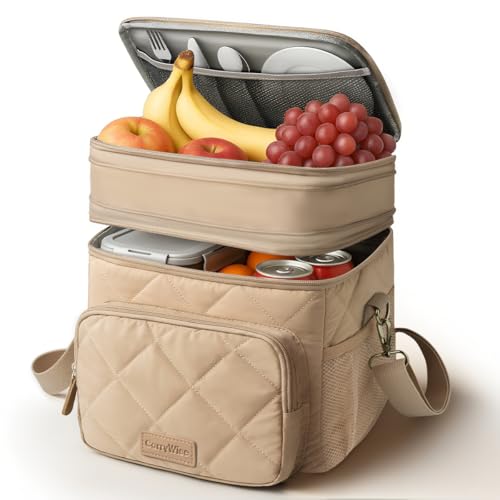 CarryWise Lunch Bag Women Double Layer Lunch Bag Puffer Insulated Lunch Box Waterproof Bottom Large Lunch Box for Women for Work or Travel, Khaki