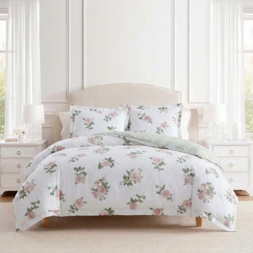 Image of Martha Stewart - Twin Comforter Set, 100% Silky Smooth Cotton Sateen Floral Bedding for Year Round Comfort, 2 Piece Bed Set with Matching Pillowcase (Tea Rose Pink)