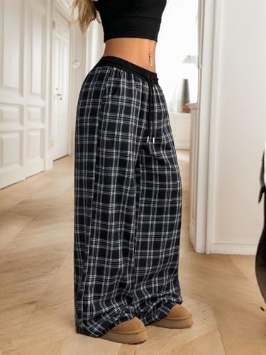 Gingham Pants for Women Plaid Drawstring Elastic Waist Checkered Wide Leg Trousers Casual Loose Fit Baggy Pants3