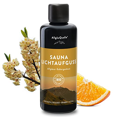 AllgäuQuelle® Saunaaufguss mit 100% BIO-Öle Geborgenheit mit Orange, Muskatellersalbei, Litsea (100ml). Natürlicher Sauna-Aufguss mit Sauna-ätherische-Öle im Aufguss-Mittel Cover