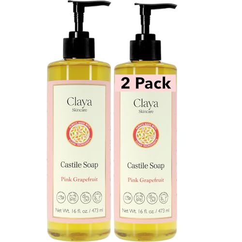 Image of Claya Pink Grapefruit Liquid Castile Soap - Organic Ingredients, Biodegradable, Citrusy Fresh Scent, Gentle for Skin and Multi-Purpose Use (2 Pack of 16 fl oz (Pump Cap))