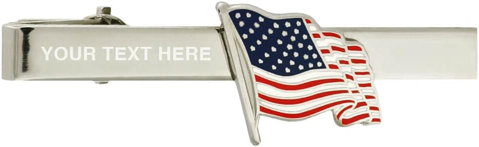 PinMart's Patriotic Waving American Flag Tie Clip Tie Bar - Silver or Gold Color Plated - Engravable or Non-engravable