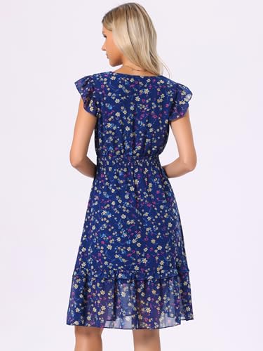 Image of Allegra K Women's Floral Dress Spring Summer V Neck Flutter Sleeve Ruffle Casual Smocked Knee Length Dresses