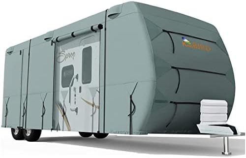King BIRDTravel Trailer RV Cover Extra-Thick 4 Layers Anti-UV Top Panel, Durable Camper Cover, Fits 20'-22' Motorhome -Breathable, Water-Proof, Rip-Stop with 2Pcs Extra Straps & 4 Tire Covers