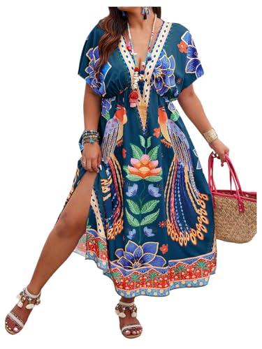 Image of Floerns Women's Plus Size Tribal Print Dolman Sleeve Slit Summer Maxi A Line Dress