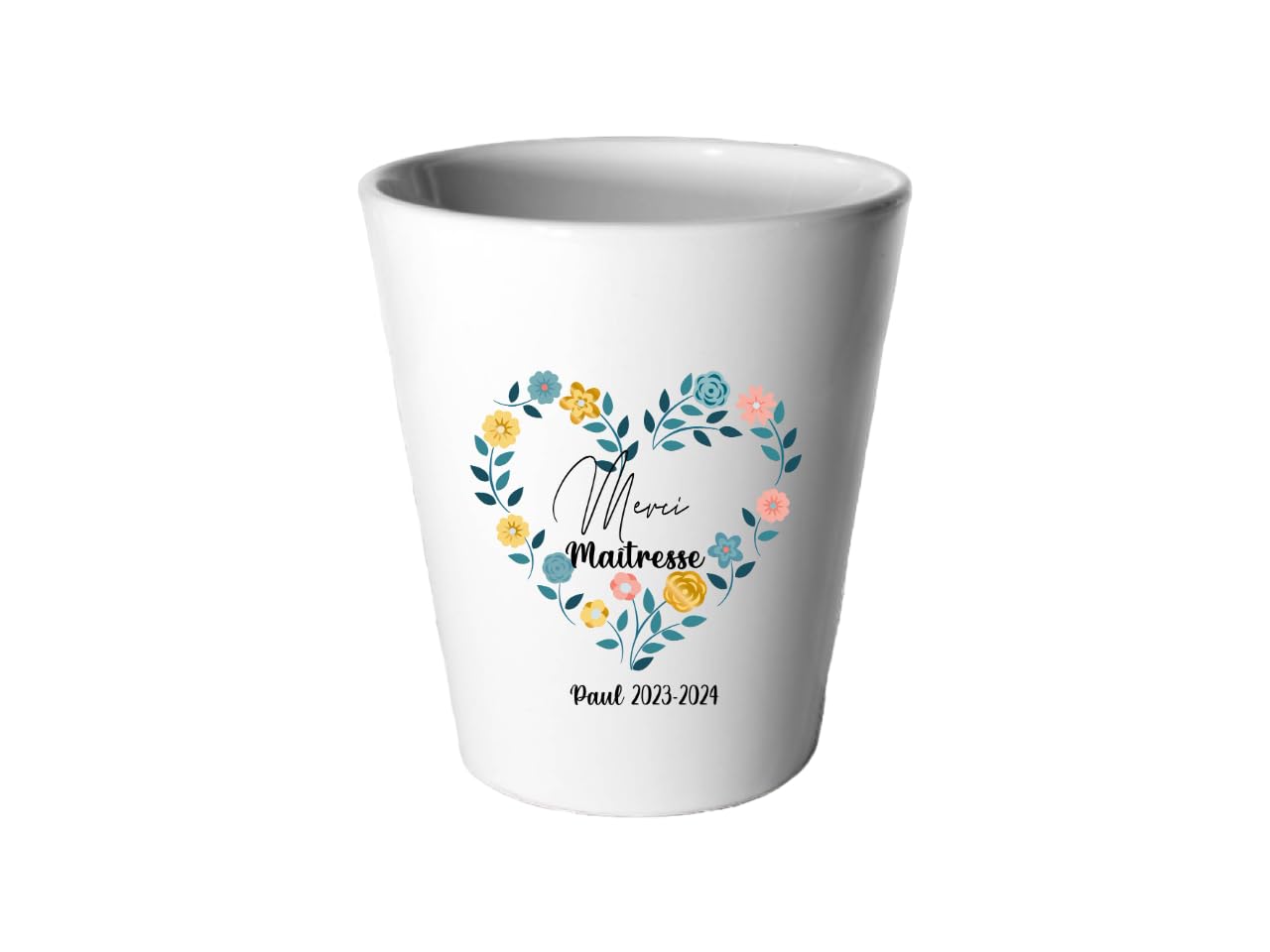 Petit Cache-Pot Merci Maîtresse – Couronne de Fleurs Cœur – Personnalisé avec Prénom Enfant – Céramique 90 mm – Cadeau Fin d’Année