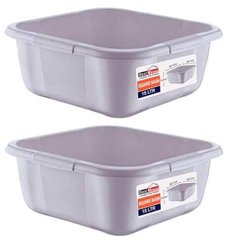 Best House | Plastic Washing up Bowl Basin | Square Kitchen Basin Wash Bowl | 15 Litres | GREY | 2 PCS | Multipurpose Bath Tub/Washing Tub for Kitchen Bathroom and Household Use (Pack of 2)