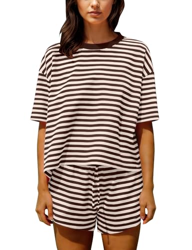Image of Ythomm Striped Pajamas Shorts Sets Women 2 Piece Lounge Outfits Short Sleeve Tees Drawstring Shorts Summer Matching Pj Sets