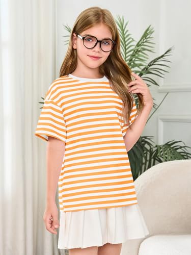 Image of Haloumoning Girls Striped Short Sleeve T Shirts Kids Summer Oversized Tops Casual Crewneck Tees 5-14 Years