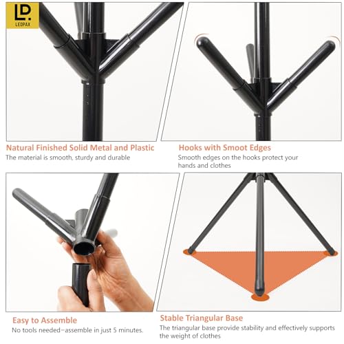 Image of LEOPAX Metal Premium Coat Rack Freestanding Tree Shape Coat,Towel, Hat Stand With 9 Hooks for Livingroom, Bedroom, Hallway - Black - Use Light Weight Clothes, 46X46X170 Cm