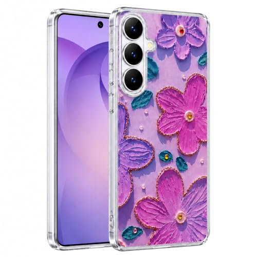 Image of Elzzi Compatible with Samsung S26 Case Laser Flower Oil Painting Cute Colorful Blue Ray Bumper with Full Camera Protection Shockproof PC+TPU Glossy Shiny Cover for Girls Women, Pink & Purple