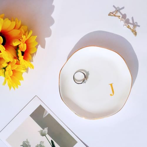 Image of Ceramic Jewelry Tray Initial Ring Dish Personalized J-Monogrammed Engagement Wedding Gifts, for Birthday Mother's Day Christmas for Women, Ceramic White 4.75 inch (J)