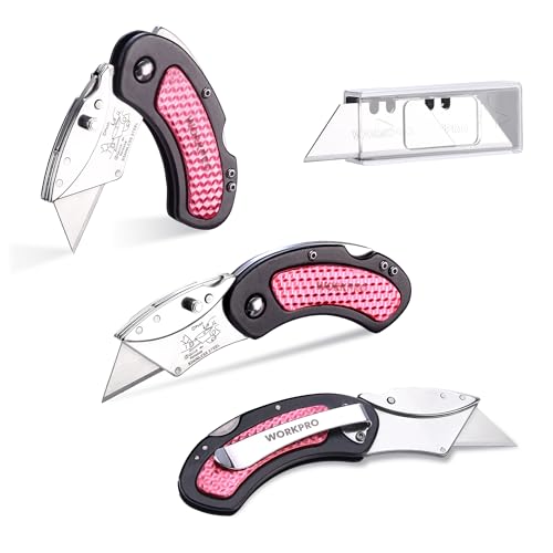 WORKPRO 3-Pack Folding Utility Knife, Pink Box Cutter Quick Change Blade Razor Knife, Back-lock Mechanism with 10-piece Extra Blades, Pink Ribbon