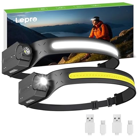Lepro LED Headlamp Rechargeable - Super Bright Motion Sensor Head lamp with 1200 mAh Battery, 230°COB Wide Beam & Adjustable Spotlight, IP44 Waterproof Headlight for Camping, Hiking, Running, 2 Pack Cover