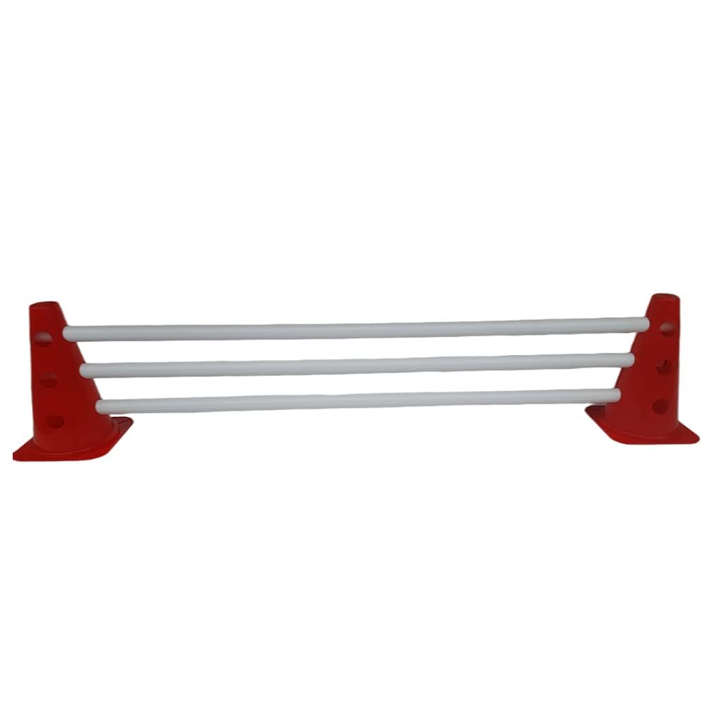 Kosma Paquete de 15 piezas de obstáculos de agilidad ajustables, 10 conos de tráfico de 9 pulgadas con 12 agujeros, color rojo, 5 postes blancos de 40 pulgadas de largo, en bolsa de transporte
