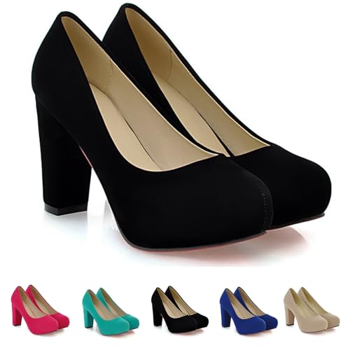 HoukiG Women's Suede Platform Chunky Block Heel Pumps,Fashion Round Toe Formal Slip-On High Heels,Heels for Women - Main Image