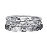 WFYOU 3PCS Stainless Steel Imperial Crown Bracelets for Men Gold Roman Numeral Bangle Bracelet Adjustable Cuff Bracelet Mens Luxury Jewelry Gifts (07:Silver-Hook)