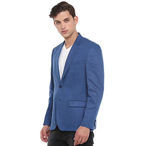 Image of Linen Club Men Navy Blue-Regular Fit-Solid-Single Breasted-Blazer
