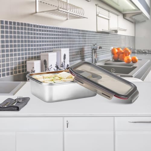 Image of MILTON New Modulo Steel Rectangular 2300 Container with lock lid|Airtight & Leakproof|Microwave & Oven safe| Light Weight | School, Office or Picnic use, 2200 ml, Silver