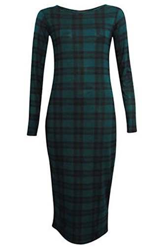 MA ONLINE Vestido midi de manga larga para mujer, elástico, ajustado, estampado, talla grande, Vestido Tartán Verde, UK 16-18 = US 12-14