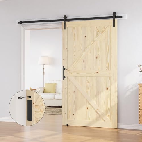 Image of SMARTSTANDARD 48in x 84in Sliding Barn Door with 8ft Barn Door Hardware Kit Included, Unfinished Solid Spruce Wood Door, Assembly Required, DIY, Stainable, Natural