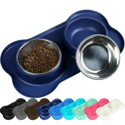 VIVAGLORY Ciotole per Cani, Ciotole per Cibo per Cani, Ciotole per Acqua per Gatti e Cuccioli in Acciaio Inox con Tappetino Antiscivolo e Antispruzzo in Silicone, Media, Blu Marino Scuro