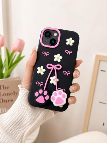 Image of for iPhone 15 Soft Silicone Phone case Features 3D Cartoon Flower and cat paw Claw Designe | Full Camara Protection | Super Soft-Touch |Shock Proof Back Cover for iPhone 15 (Black)