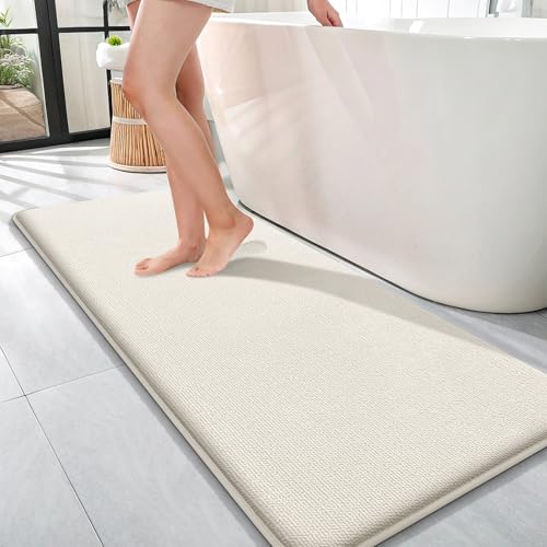Image of OLANLY Thick Memory Foam Bathroom Runner Rugs 47x17, Extra Soft Absorbent Long Bath Rug, Quick Dry Bath Mats, Non-Slip, Machine Washable Mat for Bathroom, Tub and Shower, Home Decor Accessories, Ivory