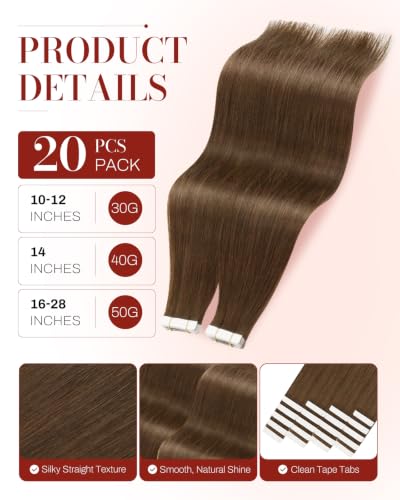 Image of Moresoo Chestnut Brown Tape in Extensions Human Hair 16in 20Pcs 50g | Human hair extensions tape in, skin weft tabs, medium length for half-up looks, claw clips and weekend styling wear