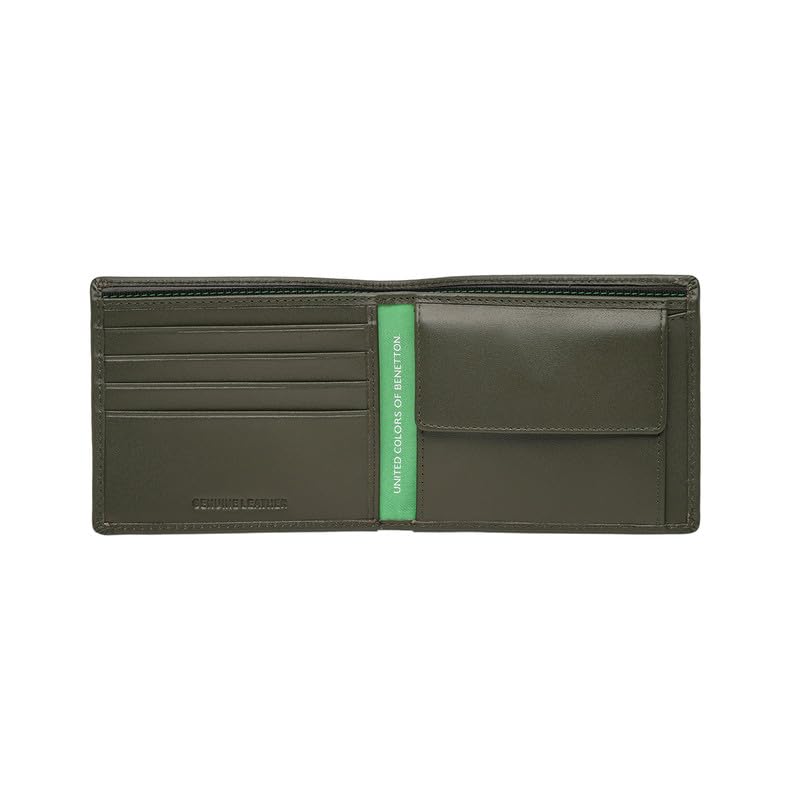 Image of United Colors of Benetton Men's Genuine Leather Global Coin Wallet Gweru - Olive | Slim Bifold with Secure Coin Pouch, 2 Compartments 4 Card Slots | Stylish Purse of Gents