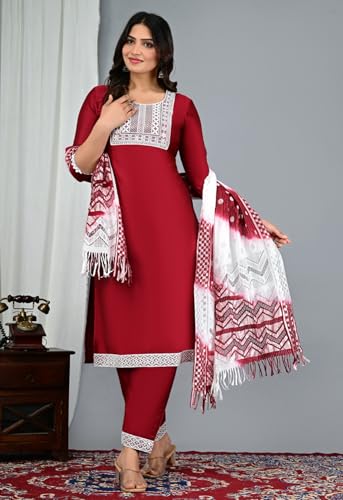 Image of Women's Silk Embroidered Kurta with Pant and Dupatta Set, Straight Style