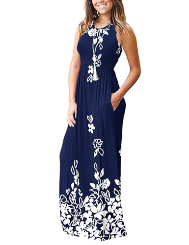Image of AUSELILY Women's Summer Sleeveless Loose Plain Casual Long Maxi Dresses | Year Round wear solid floral print, Casual daily wear, Empire waist, Floor length, Side pockets New