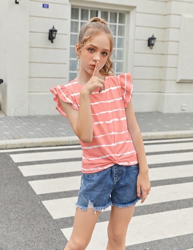 Image of Arshiner Girls Shirt - Short-Sleeve Twist Front T-Shirt for Girls with Cute Flying Sleeves - Summer Blouse Tunic Tee Tops