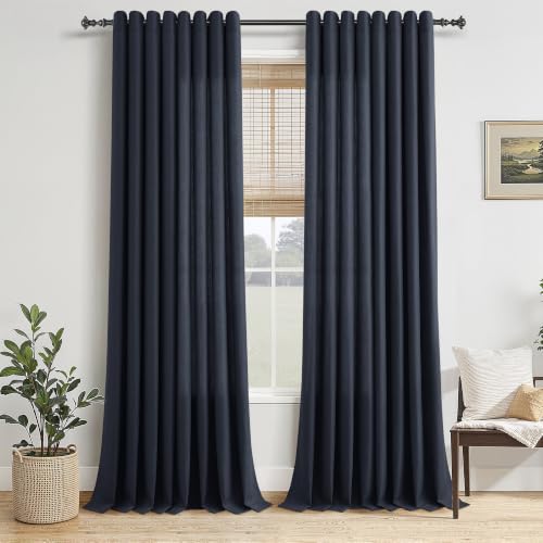 Jowels Retro Blue Linen Grommet Curtains 90 Inch Length for Living Room