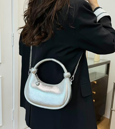 Women Knotted Top Handle Bag with Chain Glossy Handbags for Women 2025 Trending Crossbody Bag Crescent Purse Shoulder Clutch4