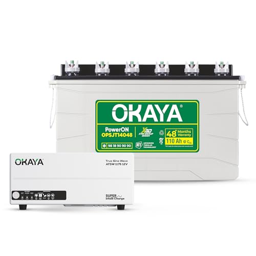 Image of Okaya Inverter with Battery Combo for Home,Office & Shops | ATSW 1175 12V Pure Sine Wave Inverter 925VA with 36 Months Warranty & OPSJT14048 110Ah Super Jumbo Tubular Battery with 48 Months Warranty