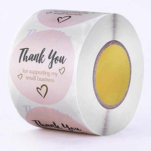Thank You for Supporting My Small Business Stickers, 2 Inch Circle Pastel Pink with Golden Hearts Design Adhesive 500 Label Stickers for Store Owners, Crafts, Organizing, Jar and Canning Labels