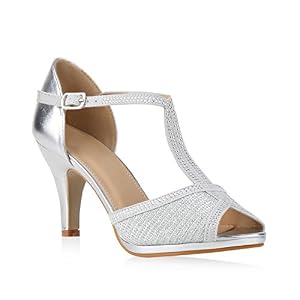 stiefelparadies stiefelparadies Damen Riemchensandaletten Sandaletten Stilettos High Heels Abiball Hochzeit Braut Schuhe 133825 Silber Steinchen Carlton 40 Flandell
