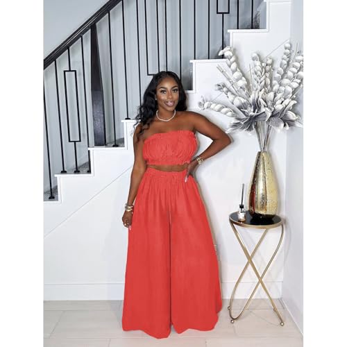 Image of Two Piece Sets for Women Summer Outfits Crop Tops and Wide Leg Pants Sets Sexy Jumpsuits Vacation Outfits with Pockets