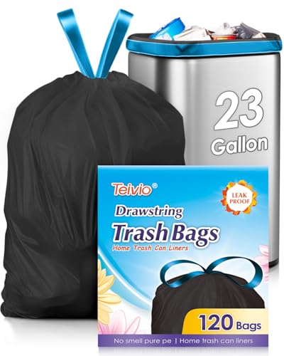 Teivio 23 Gallon Drawstring Trash Bags 120 Counts Fit 23 Gallon Rubbermaid Slim Jim Can & 22-25 Gal Tall Kitchen Trash CanLarge Plastic Waste Bin Liners for Home Office Daily Household Use Black