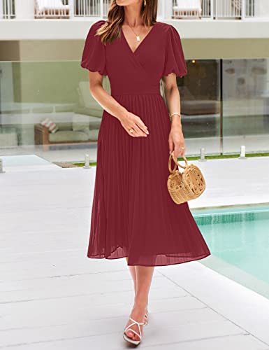 Merokeety Summer Dress For Women 2023 Wrap V Neck Bubble Sleeve Pleated Party Midi Dresses,Wine,S #TOP1