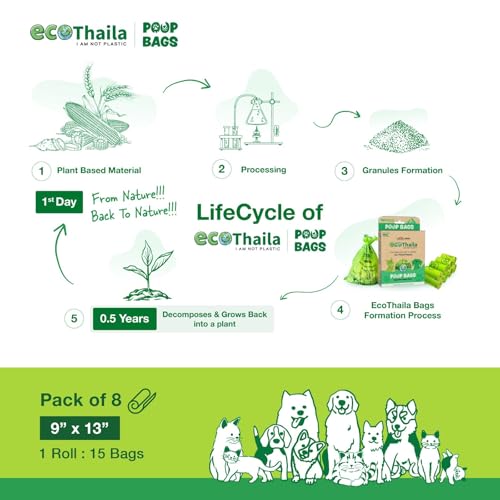 Image of Compostable Poop Bags for Dogs & Cats | Pack of 8 (120 bags) | Biodegradable & Eco-Friendly | Waste /Litter Poop Bag | Strong & Leak-Proof Potty Picker | Green Colour - 9 x 13 Inches